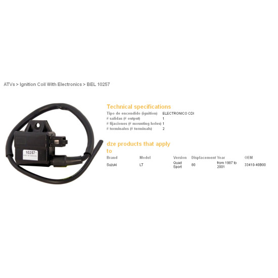 DZE ignition coil (reel) SUZUKI LT80 QUAD SPORT '87-'01 (33410-40B00)
