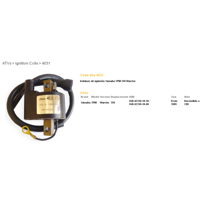 DZE ignition coil (reel) YAMAHA YFM 350 WARRIOR (OEM-3DG-82310-10-10, 3DG-82310-10-00)