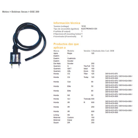 DZE ignition coil (reel) HONDA XL600V, XR600R, XR250R, SUZUKI DR350 (OEM:30510-KGA-900)