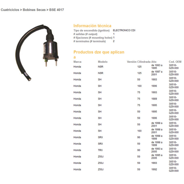 DZE ignition coil (reel) HONDA NSR125 93-01 (30510-GZ9-000) TRX90 '93-'05