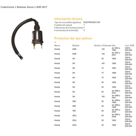 DZE ignition coil (reel) HONDA NSR125 93-01 (30510-GZ9-000) TRX90 '93-'05