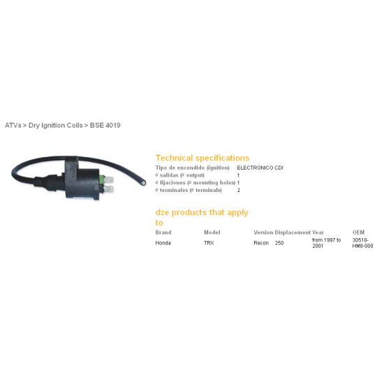 DZE ignition coil (reel) HONDA TRX250 RECON 97-01 (30510-HM8-000)