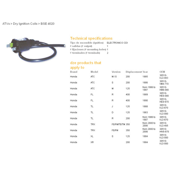 DZE ignition coil (reel) HONDA TRX350 TE (30510-HN5-670)
