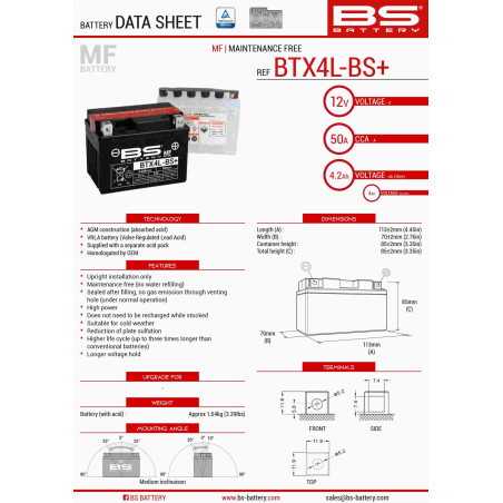 BS battery BTX4L-BS+ (YTX4L-BS) 12V 4AH 113X70X85 Electrolyte filling separately (50A) (INCREASED CAPACITY) (8) UE2019/1