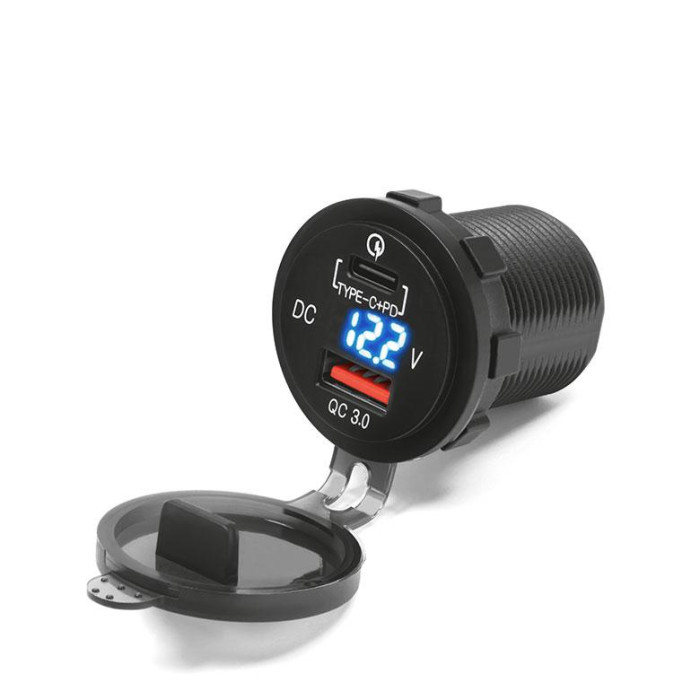 BIKETEC USB QUICK CHARGE USB TYP-C socket with lighting/voltmeter. Plastic mounting