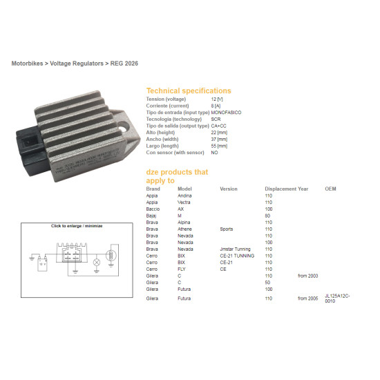 DZE voltage regulator (current rectifier) ​​KYMCO 50 AGILITY, PEOPLE, SUPER 9, TOP BOY (12V/8A) (ESR019)