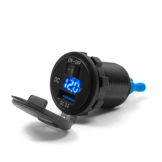 BIKETEC USB charging socket with voltmeter USB QUICK CHARGE with voltmeter, off button, plastic mounting