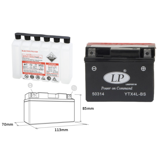 LANDPORT battery YTX4L-BS 12V 3AH 114X71X86 (YT4LBS) Electrolyte filler separately (8) UE2019/1148