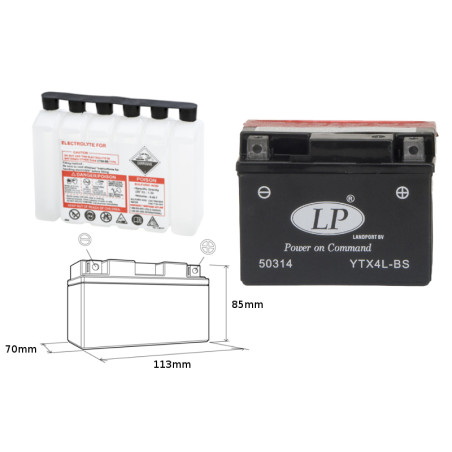 LANDPORT battery YTX4L-BS 12V 3AH 114X71X86 (YT4LBS) Electrolyte filler separately (8) UE2019/1148