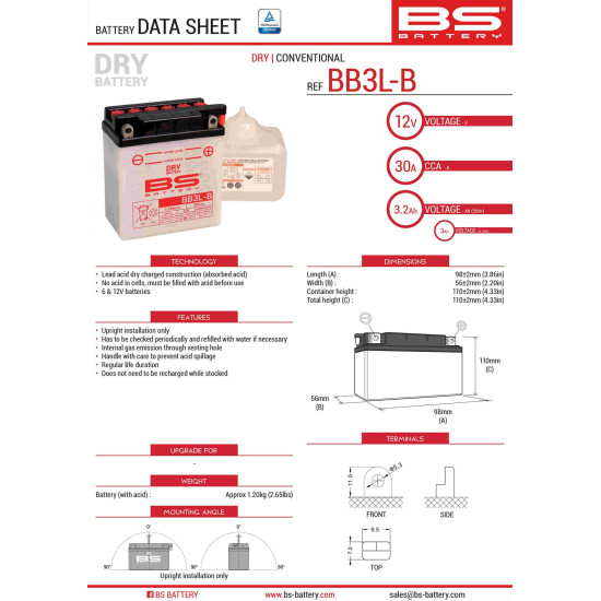 BS battery BB3L-B (YB3L-B) 98X56X110 Electrolyte filling separately (30A) (12) UE2019/1148