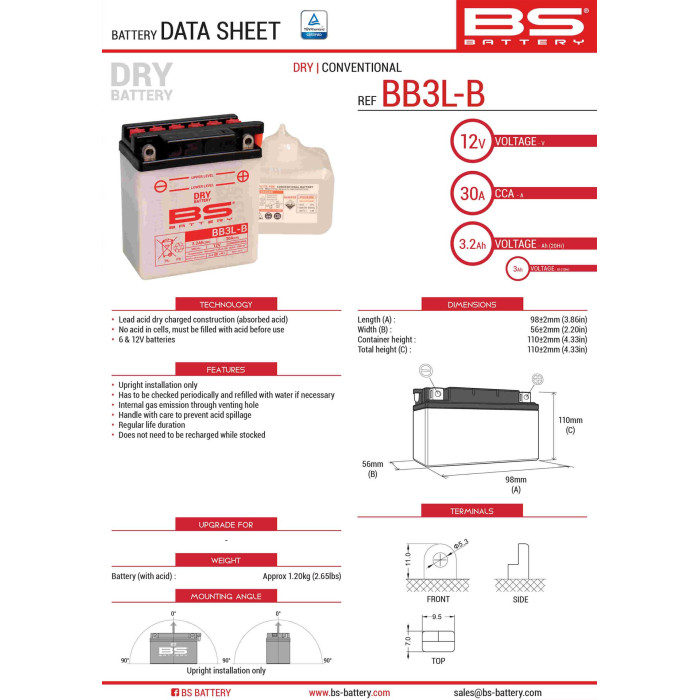 BS battery BB3L-B (YB3L-B) 98X56X110 Electrolyte filling separately (30A) (12) UE2019/1148