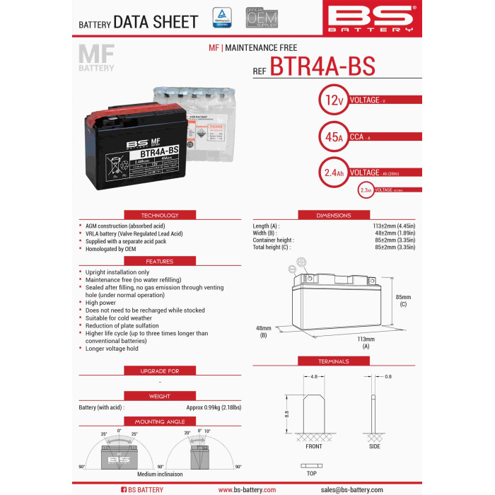 BS battery BTR4A-BS (YTR4A-BS) 12V 2.3AH 113X38X85 Electrolyte filling separately (45A) (12) UE2019/1148