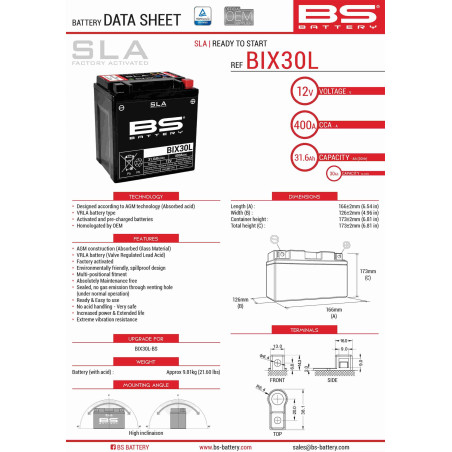 BS akumuliatorius BIX30L (FA) (YTX30L) 12V 30AH 166X125X175 užpildytas (385A) (2)