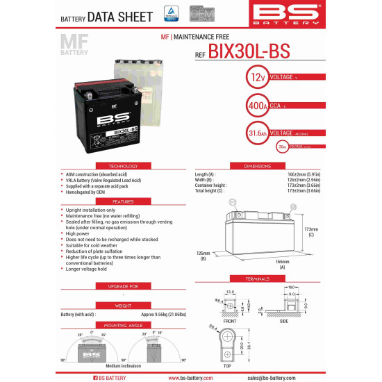 BS battery BIX30L-BS (YTX30L-BS) 12V 30AH 165X125X175 Electrolyte filling separately (400A) (2) UE2019/1148