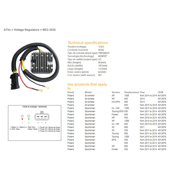 DZE voltage regulator (current rectifier) ​​POLARIS SPORTSMAN 550 '10-'14, 850 '10-'16, 1000 '15-'16, SCRAMBLER 550/850/1000 (