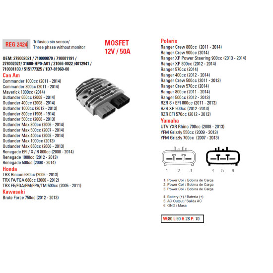 DZE voltage regulator (current rectifier) ​​CAN-AM 400/500/650/800/1000, HONDA TRX500/650/680, KAWASAKI KVF750 12-13, POLARIS