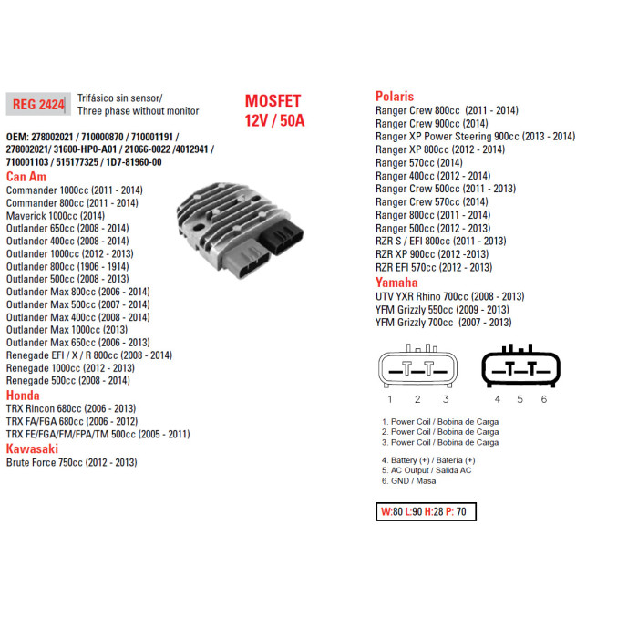 DZE voltage regulator (current rectifier) ​​CAN-AM 400/500/650/800/1000, HONDA TRX500/650/680, KAWASAKI KVF750 12-13, POLARIS