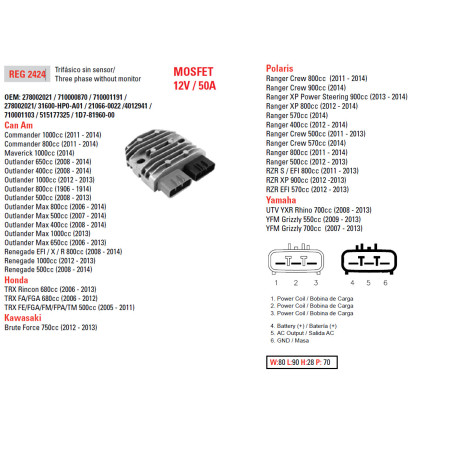 DZE voltage regulator (current rectifier) ​​CAN-AM 400/500/650/800/1000, HONDA TRX500/650/680, KAWASAKI KVF750 12-13, POLARIS
