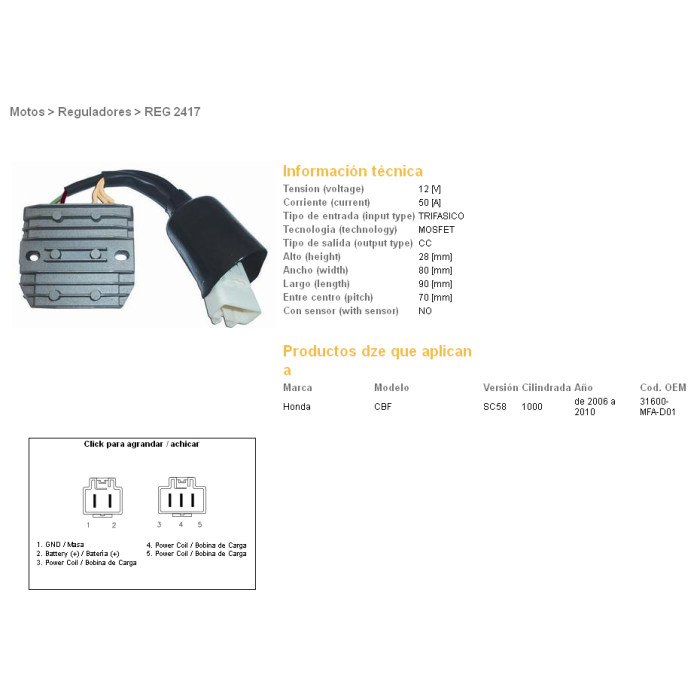 DZE voltage regulator (current rectifier) ​​HONDA CBF1000 06-10 (SC58) (31600-MFA-D01), MOSFET (50A)