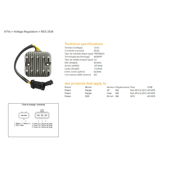 DZE voltage regulator (current rectifier) ​​POLARIS RANGER 900 XP/CREW/60 '13-'15 MOSFET - 50A (4013978) (ESR829)