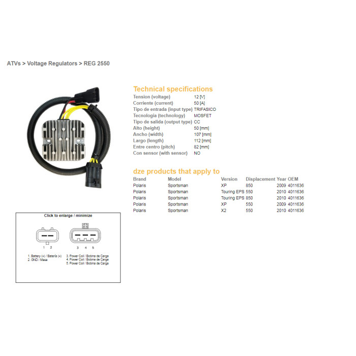 DZE voltage regulator (current rectifier) ​​POLARIS SPORTSMAN 550 '09-'10, 850 '09-'10 (40111636) MOSFET - 50A