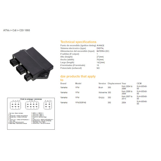 DZE CDI (uždegimo modulis) CDI YAMAHA YFM 350 GRIZZLY 07-13, BRUIN 04-06, WOLVERINE 06-09 (5UH-85540-00)