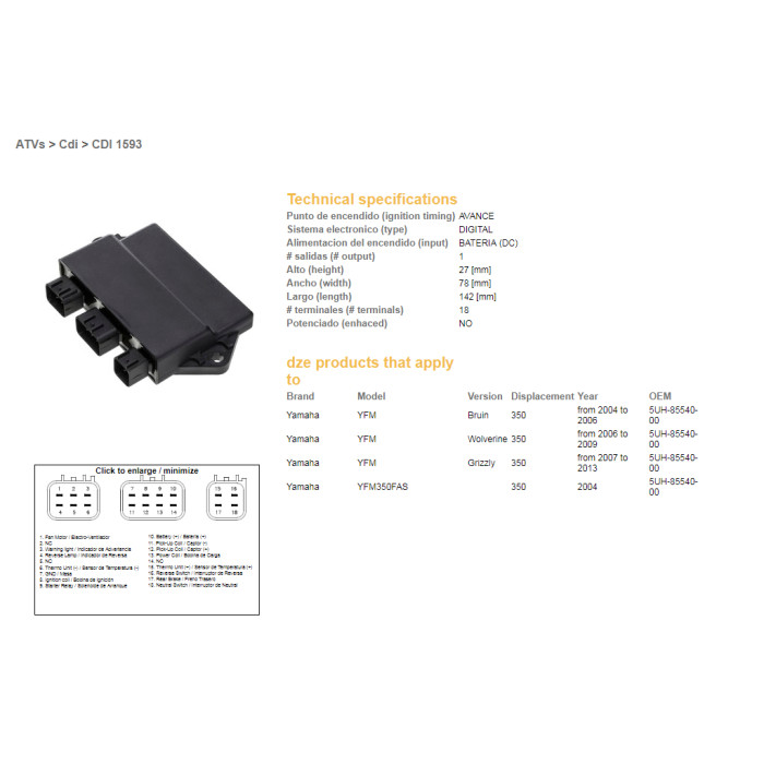 DZE CDI (ignition module) CDI YAMAHA YFM 350 GRIZZLY 07-13, BRUIN 04-06, WOLVERINE 06-09 (5UH-85540-00)