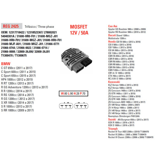 DZE voltage regulator (current rectifier) ​​BMW S1000RR 08-12, R1200 GS 13-15, DUCATI 1200, TRIUMPH, KAWASAKI, YAMAHA, HONDA,