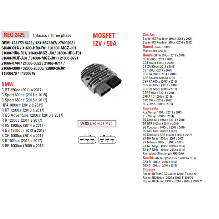 DZE voltage regulator (current rectifier) ​​BMW S1000RR 08-12, R1200 GS 13-15, DUCATI 1200, TRIUMPH, KAWASAKI, YAMAHA, HONDA,