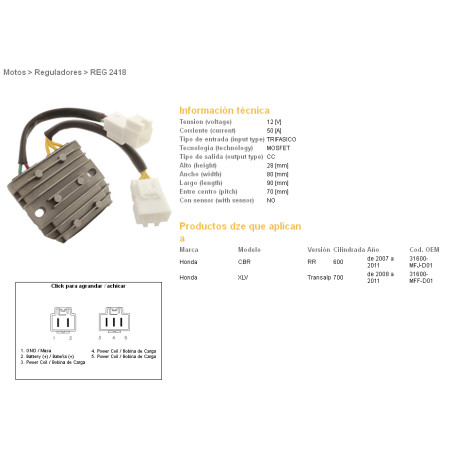 DZE voltage regulator (current rectifier) ​​HONDA CBR600RR '07-'12, XL700V TRANSALP '08-'11, MOSFET (50A) (31600-MFJ-D01)