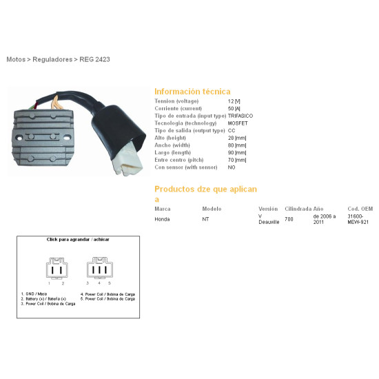 DZE voltage regulator (current rectifier) ​​HONDA NT700V DEAUVILLE 06-11 (31600-MEW-921) MOSFET (50A)