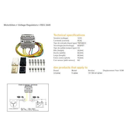DZE voltage regulator (current rectifier) ​​universal MOSFET (50A) 5 wires (3X yellow, 1X red, 1X green)