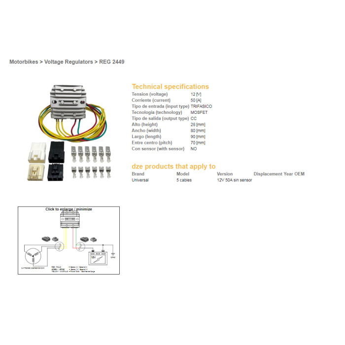 DZE voltage regulator (current rectifier) ​​universal MOSFET (50A) 5 wires (3X yellow, 1X red, 1X green)