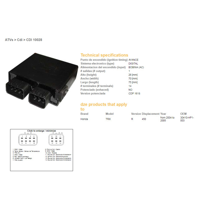 DZE CDI (ignition module) CDI HONDA TRX 450R 04-05 (OEM-304110-HP1-003)