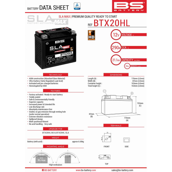 BS battery BTX20HL MAX (FA) (YTX20HL-BS) 12V 20AH 176X87X153 filled (increased starting current) (310A) - replaced 3008