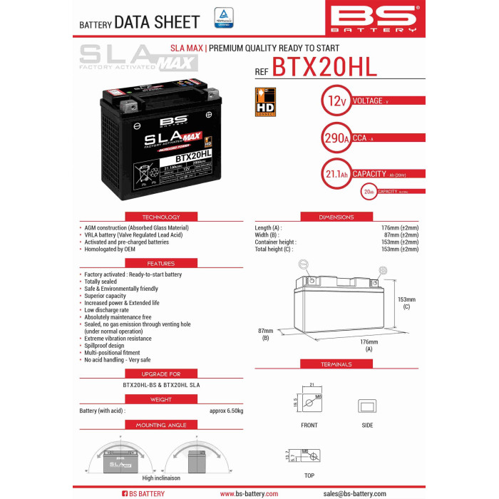 BS battery BTX20HL MAX (FA) (YTX20HL-BS) 12V 20AH 176X87X153 filled (increased starting current) (310A) - replaced 3008