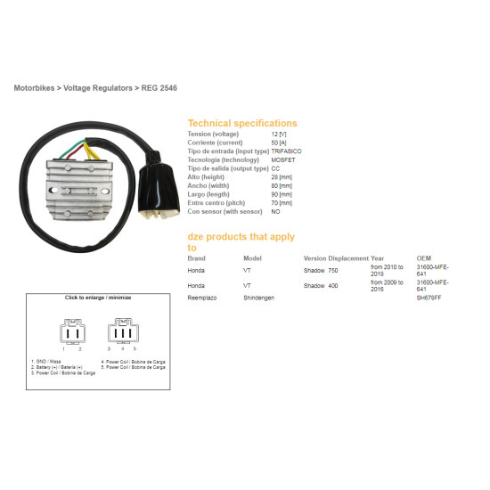 DZE voltage regulator (current rectifier) ​​HONDA VT 750C SHAįW '10-'18 (31600-MFE-641) 12V50A (MOSFET)