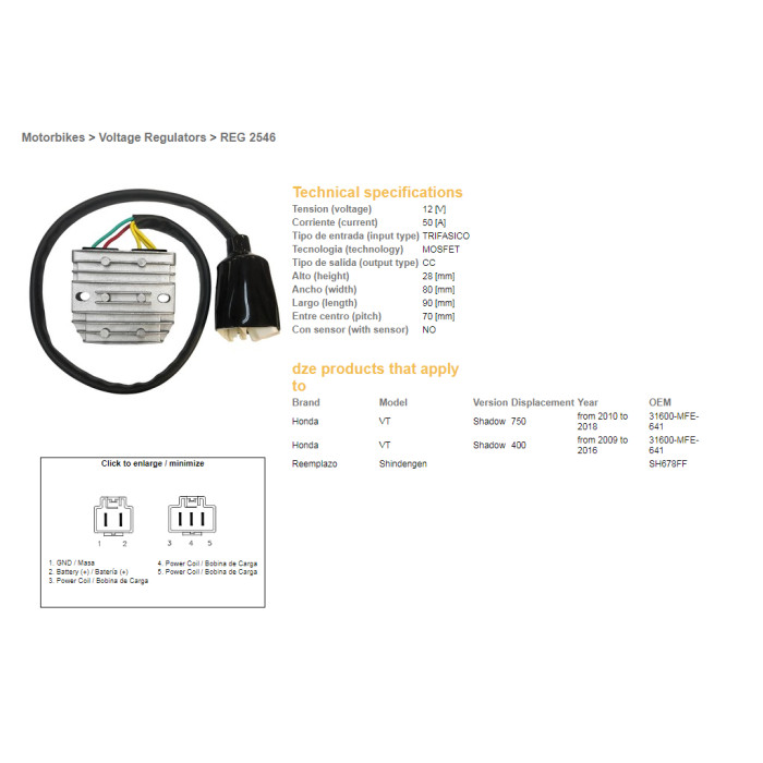 DZE voltage regulator (current rectifier) ​​HONDA VT 750C SHAįW '10-'18 (31600-MFE-641) 12V50A (MOSFET)