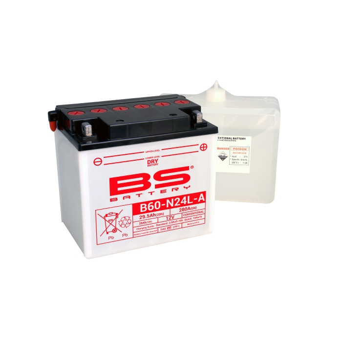 BS battery B60-N24L-A (Y60-N24L-A) 12V 28AH 184X124X175 Electrolyte filling separately 280A (2) UE2019/1148