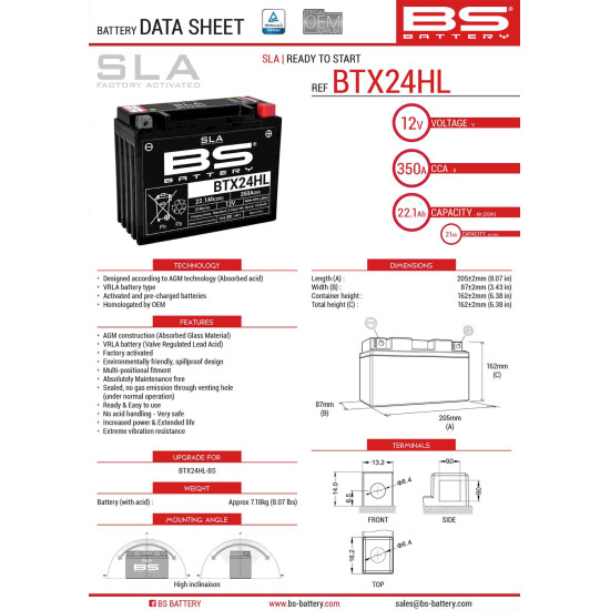 BS battery BTX24HL (FA) (YTX24HL-BS) 12V 21AH 205X87X162 filled (350A) - replaced 300755