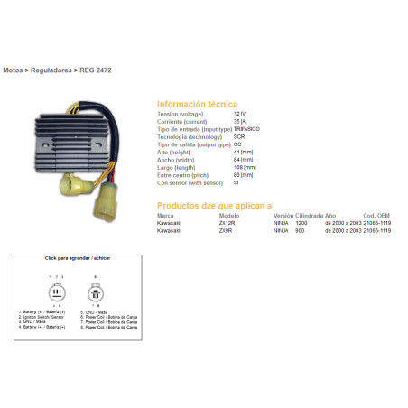 DZE voltage regulator (current rectifier) ​​KAWASAKI ZX9R 00-03, ZX12R 00-03 (35A) (21066-1119) (ESR516)