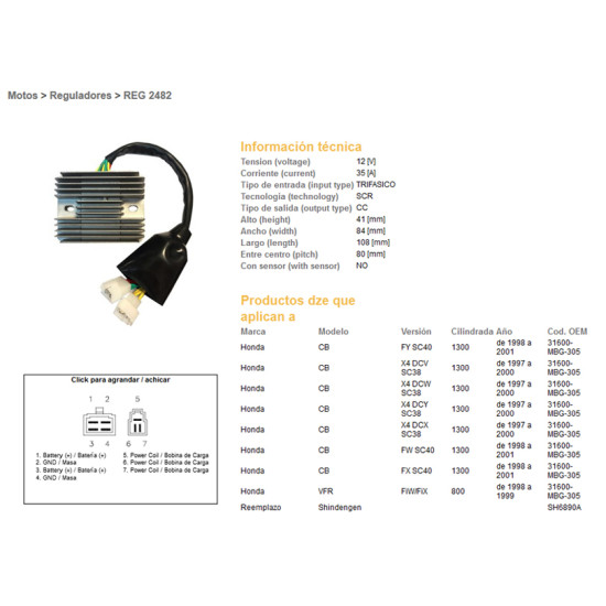 DZE voltage regulator (rectifier) ​​HONDA CB1300 97-01 (SC38, SC40), VFR800 98-99 (31600-MBG-305) (SH6890A)