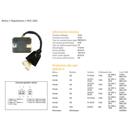 DZE voltage regulator (rectifier) ​​HONDA CB1300 97-01 (SC38, SC40), VFR800 98-99 (31600-MBG-305) (SH6890A)