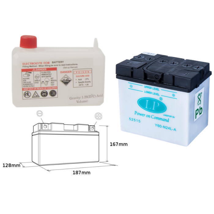 LANDPORT battery Y60-N24L-A 12V 24AH 185X125X176 Electrolyte filler separately (2) UE2019/1148