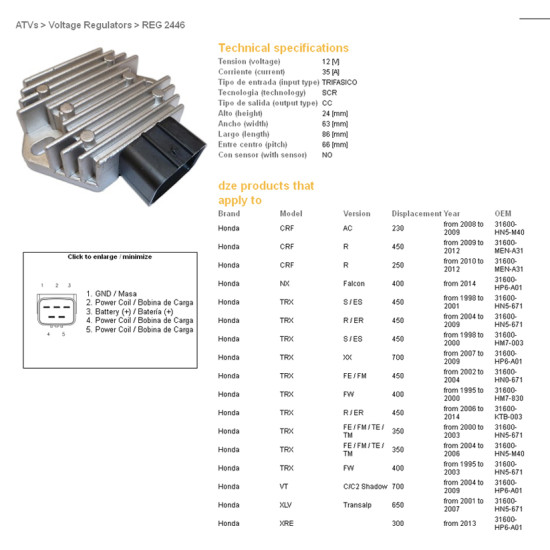 DZE voltage regulator (rectifier) ​​HONDA XL650V 01-07, TRX350/400/450/700 (ESR583) (31600-HN5-671) (35A)