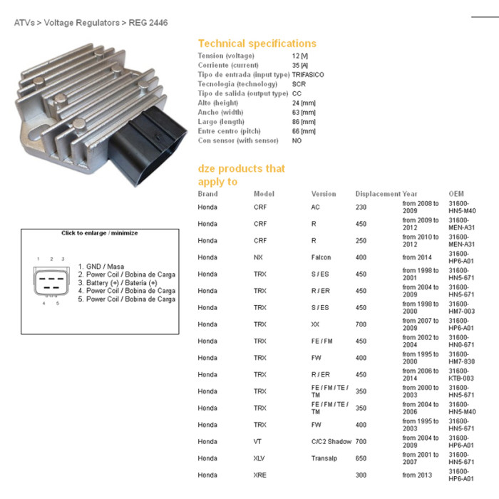 DZE voltage regulator (rectifier) ​​HONDA XL650V 01-07, TRX350/400/450/700 (ESR583) (31600-HN5-671) (35A)