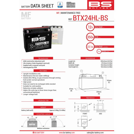 BS akumuliatorius BTX24HL-BS (YTX24HL-BS) 12V 21AH 205X87X162 Elektrolitų užpildas atskirai (350A) (2) UE2019/1148
