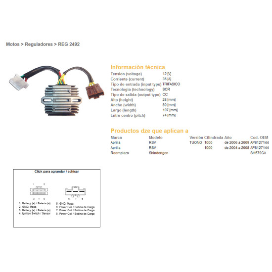 DZE voltage regulator (rectifier) ​​APRILIA RSV1000 04-08, TUONO 1000 06-09 (SH579GA) (AP8127144) (ESR549)