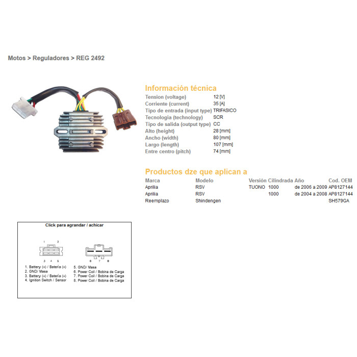 DZE voltage regulator (rectifier) ​​APRILIA RSV1000 04-08, TUONO 1000 06-09 (SH579GA) (AP8127144) (ESR549)