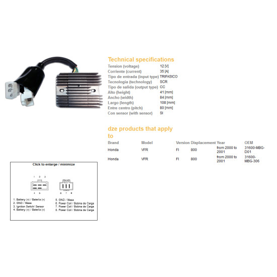 DZE voltage regulator (current rectifier) ​​HONDA VFR 800 FI 00-01 (35A) (3160-MBG-D01) (ESR691)